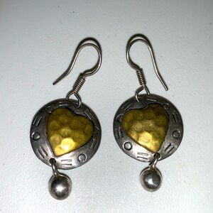 Vintage Sterling Silver Heart Two-Tone Dangle Earrings